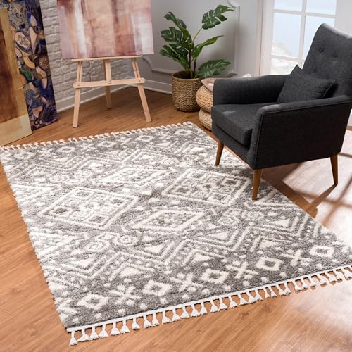 Teppich Wohnzimmer Shaggy Läufer - Grau Creme - 80x400cm - Deko Schlafzimmer Hochflor mit Fransen Flauschig Ethno Muster - Oeko Tex 100 Standard - Allergiker geeignet von MyShop24