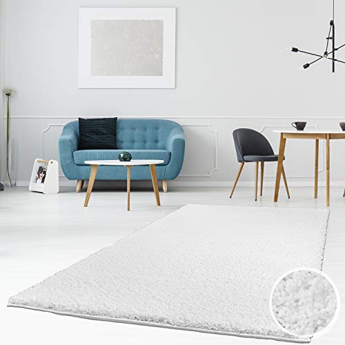 myshop24h Hochflor Shaggy Teppiche Langflor Teppich Einfarbig Modern Flauschig für Wohnzimmer Schlafzimmer, Größe in cm:160 x 230 cm, Farbe:Weiß von myshop24h