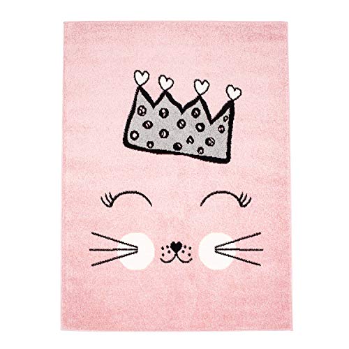 MyShop24h Kinderteppich Flachflor Kids Teppich Kinderzimmer Spielzimmer mit Katze und Krone in Grau-Rosa-Grün, Größe in cm:140 x 200 cm, Farbe:Rosa von MyShop24h