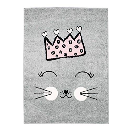 MyShop24h Kinderteppich Flachflor Kids Teppich Kinderzimmer Spielzimmer mit Katze und Krone in Grau-Rosa-Grün, Größe in cm:80 x 150 cm, Farbe:Grau von MyShop24h