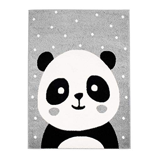 MyShop24h Kinderteppich Kurzflor Spielteppich Teppich fürs Kinderzimmer Flachflor mit Panda-Bär weiß gepunktet in 3 Farben, Größe in cm:120 x 160 cm, Farbe:Grau von MyShop24h