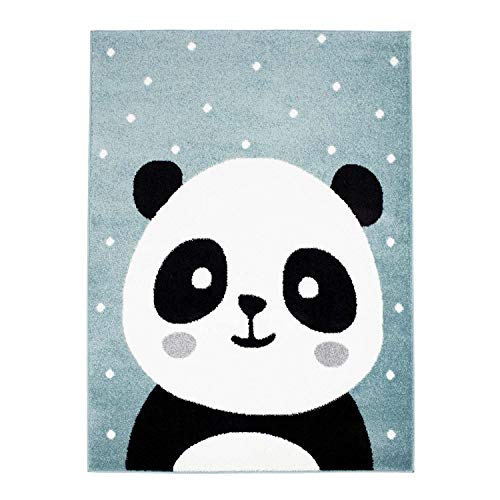 MyShop24h Kinderteppich Kurzflor Spielteppich Teppich fürs Kinderzimmer Flachflor mit Panda-Bär weiß gepunktet in 3 Farben, Größe in cm:160 x 225 cm, Farbe:Pastell Blau von MyShop24h