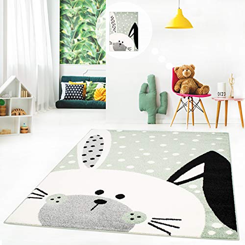 MyShop24h Kinderteppich Spielteppich Teppich für das Kinderzimmer Flachflor Modern süßer Schlappohr-Hase, weiß gepunktet, Größe in cm:160 x 225 cm, Farbe:Grün von MyShop24h