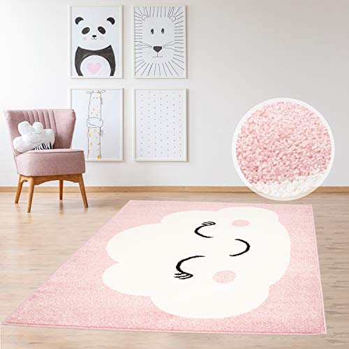 MyShop24h Kinderteppich Teppich Flachflor 160x225cm Pastell Pink Spielzimmerteppich mit fröhlicher Wolke für das Kinderzimmer (Mädchen & Jungen) von MyShop24h