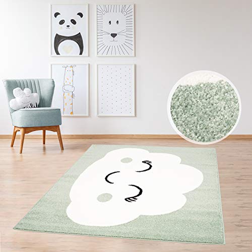 MyShop24h Kinderteppich Teppich Flachflor 160x225cm Pastell Grün Spielzimmerteppich mit fröhlicher Wolke für das Kinderzimmer (Mädchen & Jungen) von MyShop24h