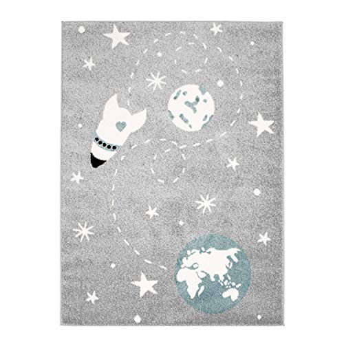 MyShop24h Kinderteppich Teppich Kinderzimmerteppich Spielteppich Sternen-Teppich Flachflor Weltall Erde Mond Rakete Sterne Grau, Größe in cm:120 x 160 cm von MyShop24h
