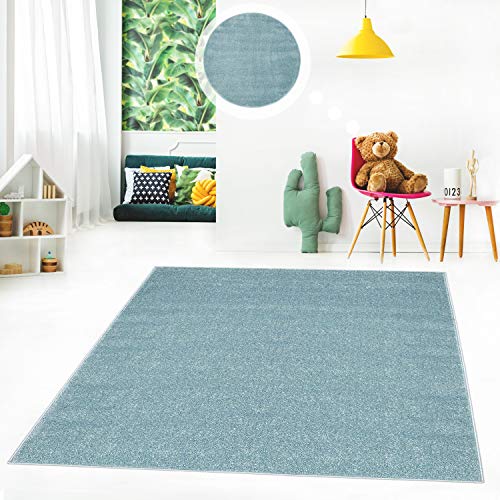 MyShop24h Teppich Flachflor fürs Jugendzimmer Kinderzimmer Einfarbig Modern Pastellfarben Uni, Größe in cm:140 x 200 cm, Farbe:Blau von MyShop24h