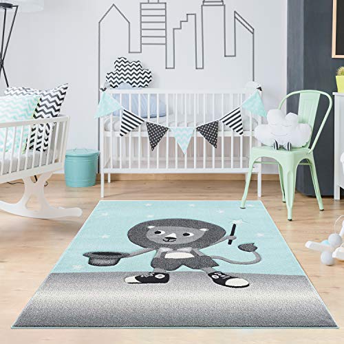 MyShop24h Teppich Kinderzimmer Löwe Türkis - 140x200cm Konturenschnitt Spielteppich Sterne Zauber von MyShop24h