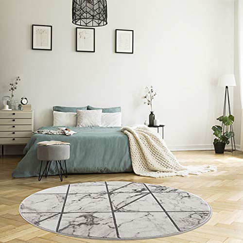 MyShop24h Teppich Rund - 160x160cm - Beige Grau - Kurzflor- Fliesenoptik Modern Wohnzimmer Schlafzimmer Marmor Optik Deko von MyShop24h