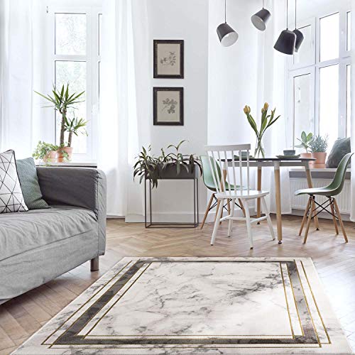 MyShop24h Teppich Wohnzimmer - Beige-Gold- 120x170cm Kurzflor- Bordüre Meliert Modern Schlafzimmer Marmor Deko von MyShop24h