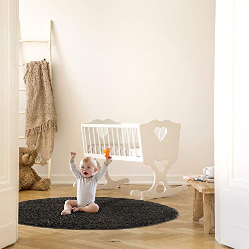 MyShop24h Teppich Wohnzimmer Kinderzimmer - Rund - Shaggy - 120x120 cm - Anthrazit Einfarbig Flauschig Hochflor Teppiche Modern von MyShop24h