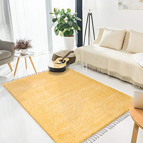 MyShop24h Teppich Wohnzimmer Shaggy - 160x230 cm - Gelb Einfarbig Flauschig Hochflor Teppiche Modern mit Fransen von MyShop24h