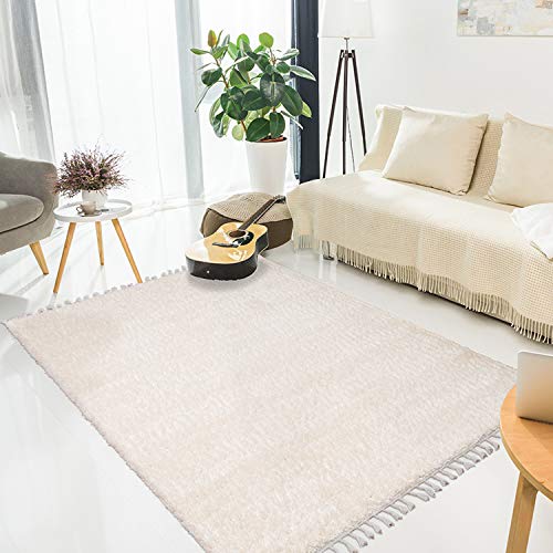 MyShop24h Teppich Wohnzimmer Shaggy - 80x150 cm - Creme Einfarbig Flauschig Hochflor Teppiche Modern mit Fransen von MyShop24h