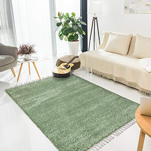 MyShop24h Teppich Wohnzimmer Shaggy - 80x300 cm - Pastel Grün Einfarbig Flauschig Hochflor Teppiche Modern mit Fransen von MyShop24h