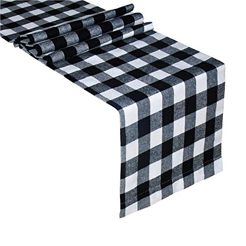 MySixKeen Buffalo Check Table Runner Baumwolle Schwarz-Weiß-Plaid Klassisches stilvolles Design für Familienessen Weihnachtsferien Geburtstagsfeier Tischdekoration (Schwarz und Weiß, 14 x 108 Zoll) von MySixKeen