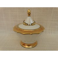 Jacob Hertel Rehau Porzellan Bonboniere Dose Deckeldose Goldauflage Vintage von MyStyleFashionCo