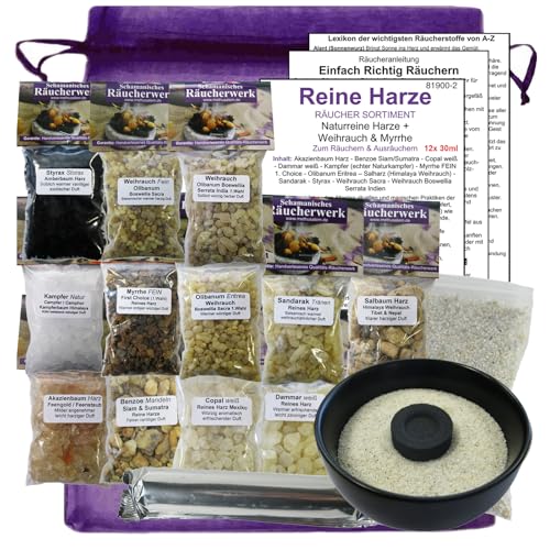 12 x Reine HARZE zum räuchern a 30ml (360ml) 17-TLG RÄUCHERSORTIMENT mit WEIHRAUCH + MYRRHE + KOPAL + Styrax UVM + 10cm Ø Räucherschale + Kohle + ZUBEHÖR + Anleitung. 81900-2S von MyTobaQ