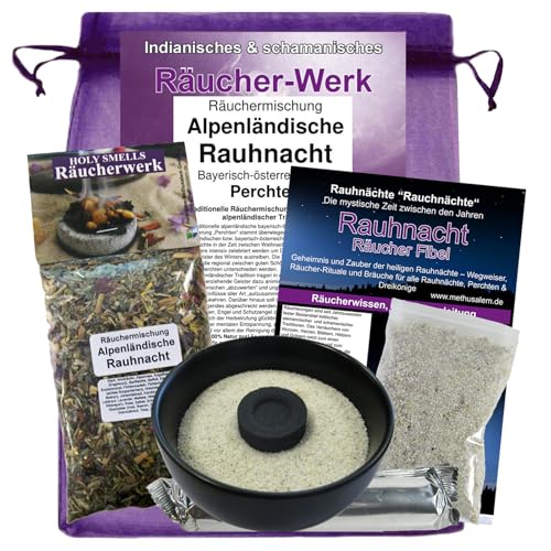 Alpenländische RAUHNACHT 7-TLG Räucherset zum Räuchern für alle Rauhnächte + Perchten + Dreikönige. 10cm Räucherschale + Räucherwerk + Räucherkohle + Rauhnachtfibel + ZUBEHÖR. 81192-S von MyTobaQ