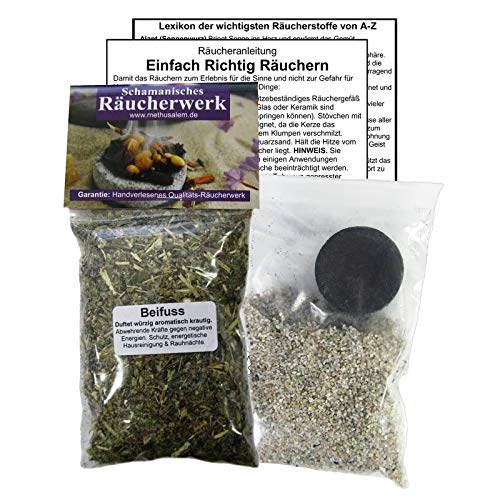 BEIFUSS Beifuß zum räuchern. 5-TLG Räucherset - 60ml Räucherwerk mit Räucherkohle (1x) + Räuchersand + Räucheranleitung + Lexikon der wichtigsten Räucherstoffe A-Z. 82060-8 von MyTobaQ