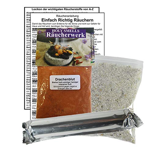DRACHENBLUT Dragonblood Dragons-Blood zum räuchern 5-TLG Räucher-Set für Rauhnächte und gegen Negatives. 30ml Räucherwerk mit Räucherkohle (10x), Räuchersand, Räucheranleitung 82060-X12 von MyTobaQ