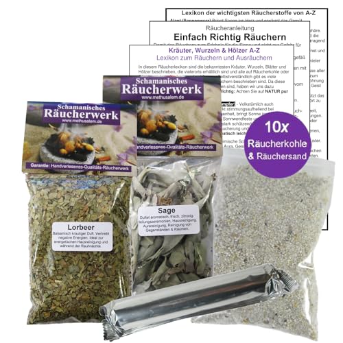 LORBEER Lorbeerblätter & weißer Salbei zum räuchern 2 x 60ml Räucherwerk 6-TLG Räucher-Set mit Räucherwerk für Hausreinigung & Rauhnächte inkl Räucherkohle + ZUBEHÖR. 81890-35 von MyTobaQ
