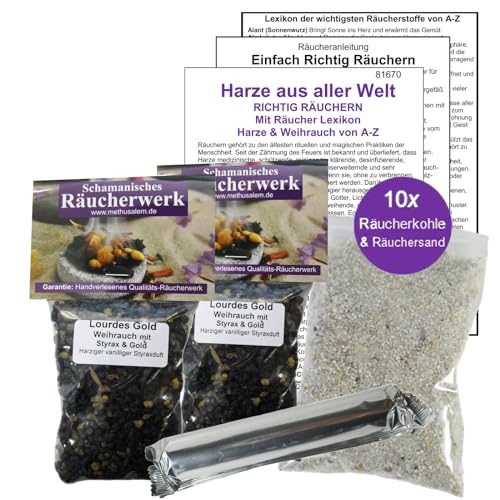 Lourdes Gold Kirchenweihrauch 2 x 50ml WEIHRAUCH Harz mit Styrax 6-TLG Räucherset zum räuchern & Ausräuchern für Haus, Wohnung, Rauhnächte. Räucherwerk mit Räucheranleitung 81670-39 von MyTobaQ