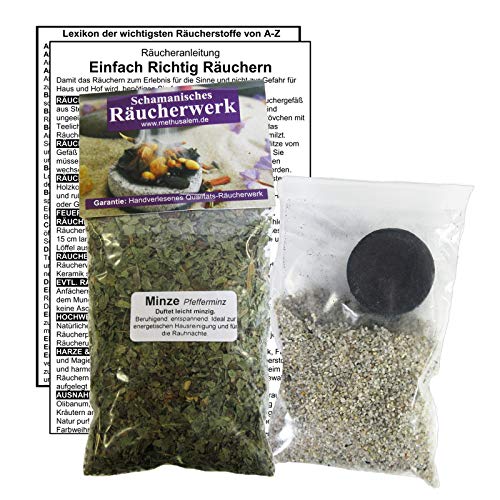 Minze Pfefferminze (Mentha) zum RÄUCHERN. 5-TLG Räucherset - 60ml Räucherwerk mit Räucherkohle (1x) + Räuchersand + Räucheranleitung + Lexikon der wichtigsten Räucherstoffe A-Z. 82060-51 von MyTobaQ