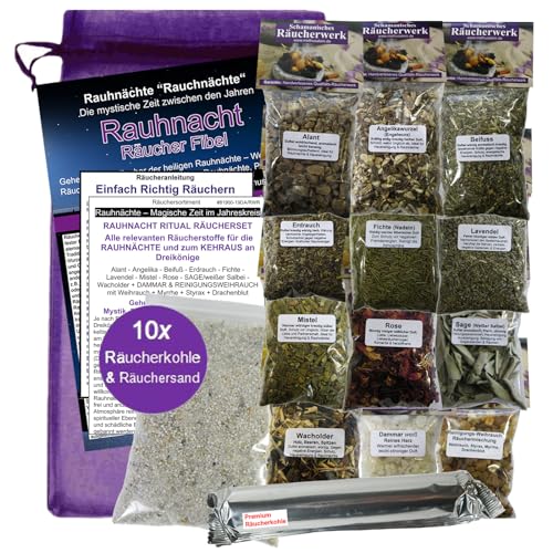 RAUHNÄCHTE räuchern 18-TLG Set Rauhnacht Ritual Räuchersortiment 12x Räucherwerk, Beifuss, weißer Salbei, Weihrauch, Myrrhe UVM. 6X ZUBEHÖR, Kohle, Anleitun, Rauhnachtfibel 81900-19 von MyTobaQ