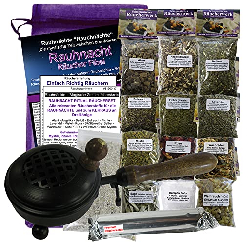 RAUHNÄCHTE räuchern 19-TLG Ritualset 12x Rauhnacht Räucherwerk mit weißer Salbei + WEIHRAUCH + MYRRHE + KAMPFER UVM. 7X ZUBEHÖR, Räuchergefäß (Räucherpfanne), Rauhnachtfibel. 81900-17/3165S von MyTobaQ