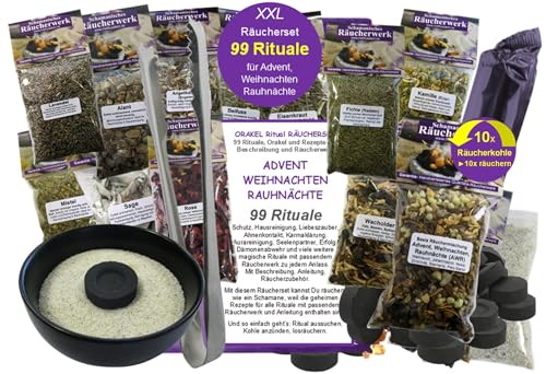 RAUHNÄCHTE räuchern 99 Rituale - Hausreinigung ORAKEL Schutz Advent Weihnachten 20-TLG Räucher-Set 12x Räucherwerk, Räucherschale, Zange, Kohle, Anleitung [8X ZUBEHÖR] 81900-24SZ von MyTobaQ