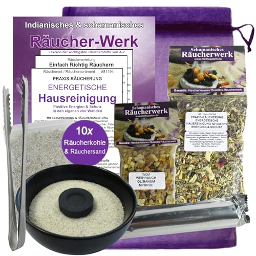 Räuchern - Negative Energie ausräuchern 8-TLG Set energetische HAUSREINIGUNG mit RÄUCHERMISCHUNG + WEIHRAUCH & MYRRHE, Räucherschale, Räucherkohle, Zange, Räucheranleitung, Täschchen. 81194-SZ von MyTobaQ