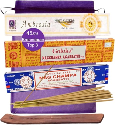Räucherstäbchen [Top 3] NAG Champa Satya Berk Ambrosia [5-TLG Set] GOLOKA + Halter + Täschchen [mit Räucherstäbchenhalter] 82390-4 von MyTobaQ