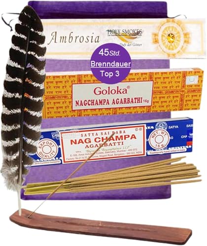 Räucherstäbchen [Top 3] NAG Champa Satya Berk Ambrosia 6-TLG Set GOLOKA + Räucherstäbchenhalter + Täschchen [mit Räucherfeder] 82390-5 von MyTobaQ