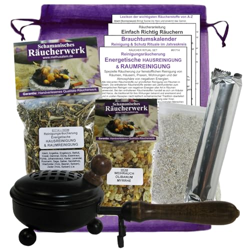 Reinigungsräucherung ENERGETISCHE HAUSREINIGUNG & RAUMREINIGUNG. 10-TLG Set. 2 x Räucherwerk mit Salbei Sage Weihrauch Olibanum Myrrhe zum Räuchern. 8 x ZUBEHÖR & 8cm Räucherpfanne. 81714-P von MyTobaQ