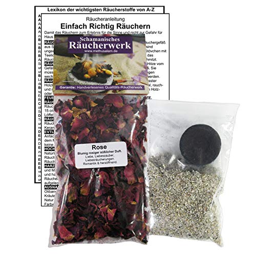 Rose Rosenblüten zum RÄUCHERN. 5-TLG Räucherset - 120ml Räucherwerk mit Räucherkohle (1x) + Räuchersand + Räucheranleitung + Lexikon der wichtigsten Räucherstoffe A-Z. 82060-71 von MyTobaQ