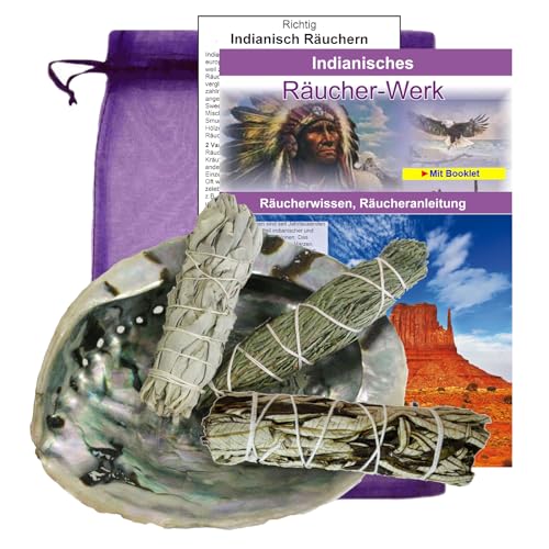 Smudge KIT 7-TLG Räucherset zum AUSRÄUCHERN für Hausreinigung mit Räuchermuschel & Räucherwerk SAGE Salbei + Zeder +Yerba Santa + Booklet UVM. 81094 von MyTobaQ