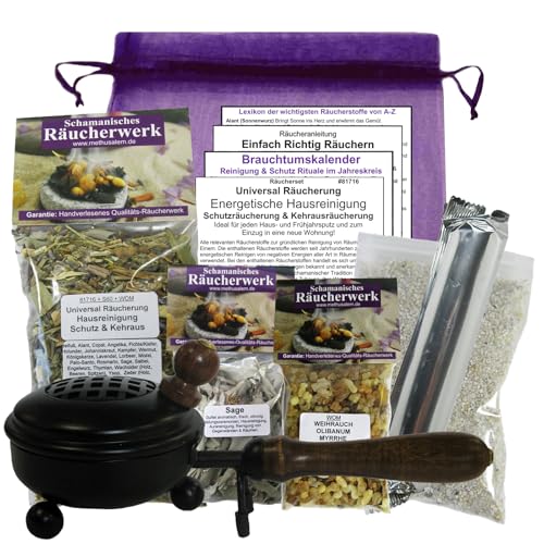 ENERGETISCHE HAUSREINIGUNG + SCHUTZRÄUCHERUNG + KEHRAUSRÄUCHERUNG. 11-TLG Universal Räucherset. 3 x Räucherwerk mit Salbei Sage Weihrauch Olibanum Myrrhe UVM. 8 x ZUBEHÖR 8cm Räucherpfanne. 81716-P von MyTobaQ