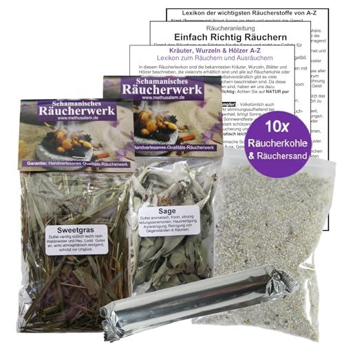 Weißer Salbei + Sweetgras Mariengras Vanillegas zum räuchern 2 x 60ml Räucherwerk 6-TLG Räucher-Set mit Räucherwerk für Hausreinigung & Rauhnächte inkl. Räucherkohle + ZUBEHÖR. 81890-44 von MyTobaQ