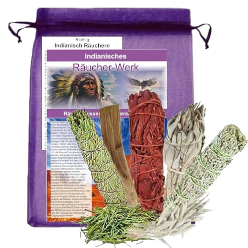 Weißer Salbei zum räuchern + Drachenblut + Beifuß + Palo Santo + Zeder (7-TLG Räucher-Set) + Beschreibung + Täschchen + Booklet Indianisches Räucherwissen 82830-3N von MyTobaQ