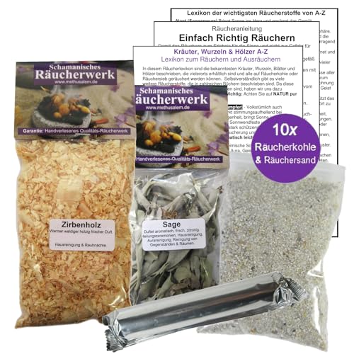 Zirbenholz Späne (Zirbelkiefer) & weißer Salbei zum räuchern 2 x 60ml/120ml Räucherwerk 6-TLG Räucher-Set mit Räucherwerk für Hausreinigung & Rauhnächte inkl Räucherkohle + ZUBEHÖR. 81890-28 von MyTobaQ