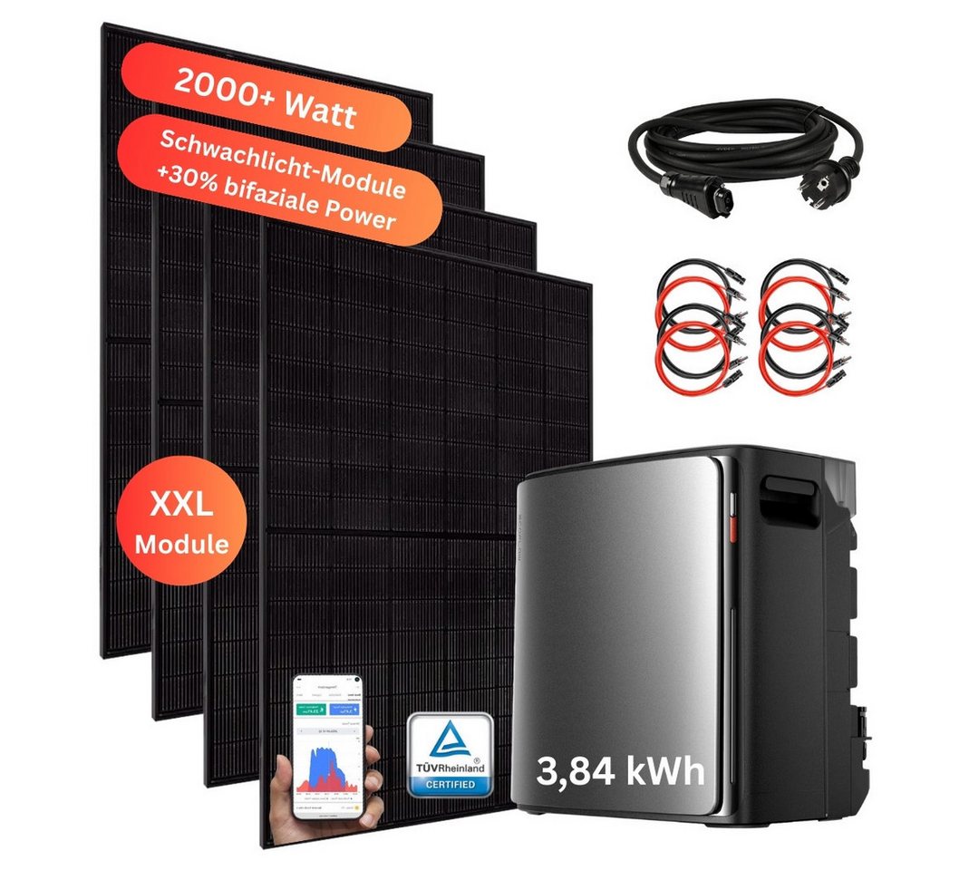 MyVoltaics Balkonkraftwerk 2000+ Watt MIT SPEICHER EcoFlow STREAM Ultra X 3,84 kWh Versand 0 €, 2000 W, mit 4 Modulen bifazial XXL & Smartmeter, (Set komplett, 5-St., optional mit Solarmodul Halterung steckerfertig für Steckdose 800 Watt), XXL Solaranlage 800 W Komplettset mit Notstrom vom Speicher bis 2300 W von MyVoltaics