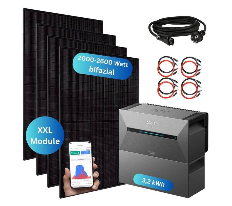 MyVoltaics Balkonkraftwerk 2000+ Watt Solaranlage + Anker Solarbank 2 Pro Speicher (3,2 kWh), 2000 W, bifaziale Module (bis zu +30% mehr Modulleistung), (Set, 4 Glas-Glas Solarmodule bifazial Wechselrichter steckerfertig), Genehmigungsfrei, jetzt mit versandkostenfreier Lieferung von MyVoltaics