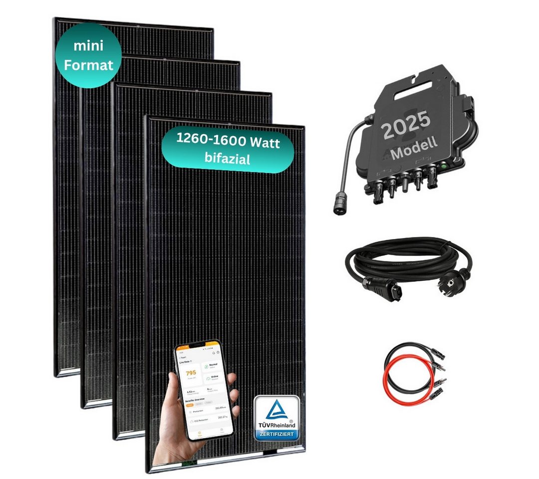 MyVoltaics Balkonkraftwerk MyBasic 1260 Watt Mini-Format, 1260 W, bifaziale Module (bis zu +30% mehr Modulleistung), (Set, 5-St., 4 Glas-Glas Solarmodule bifazial Wechselrichter steckerfertig), versandkostenfreie Lieferung von MyVoltaics