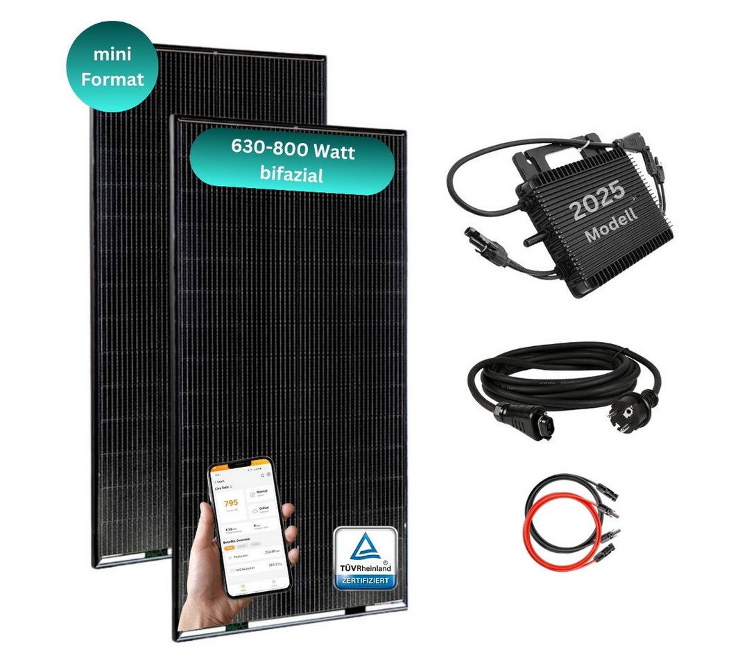 MyVoltaics Balkonkraftwerk MyBasic 630 Watt Mini-Format, 630 W, bifaziale Module (bis zu +30% mehr Modulleistung), (Set, 3-St., 2 Glas-Glas Solarmodule bifazial Wechselrichter steckerfertig), versandkostenfreie Lieferung von MyVoltaics