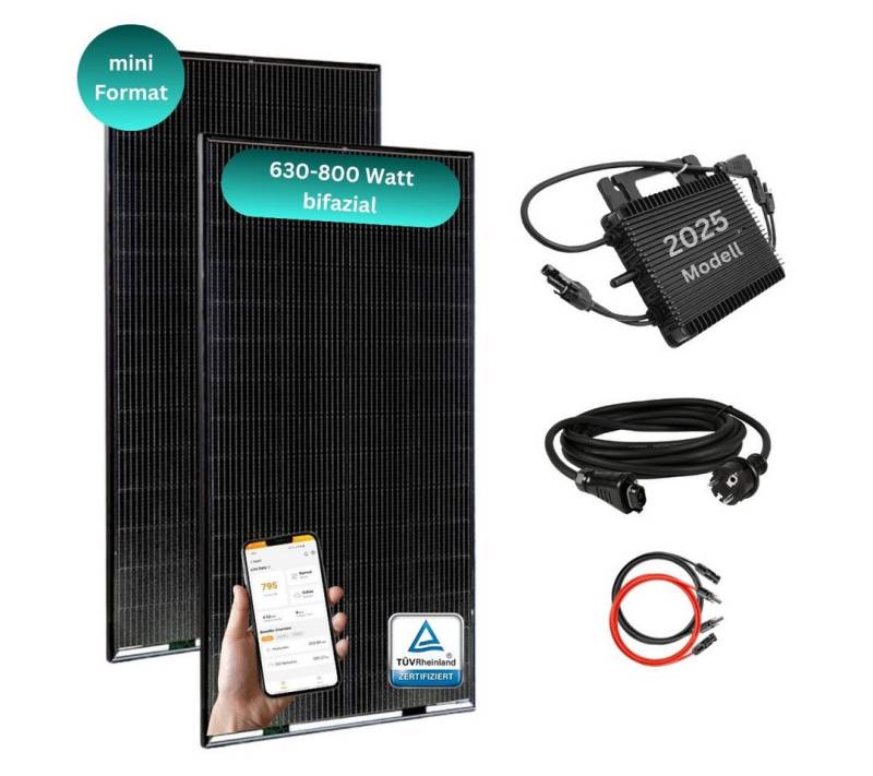 MyVoltaics Balkonkraftwerk MyBasic 630 Watt Mini-Format Solaranlage, 630 W, bifaziale Module (bis zu +30% mehr Modulleistung), (Set, 3-St., 2 Glas-Glas Solarmodule bifazial WLAN Wechselrichter steckerfertig), perfekt für z.B. Schrebergarten & Laube, versandkostenfreie Lieferung von MyVoltaics