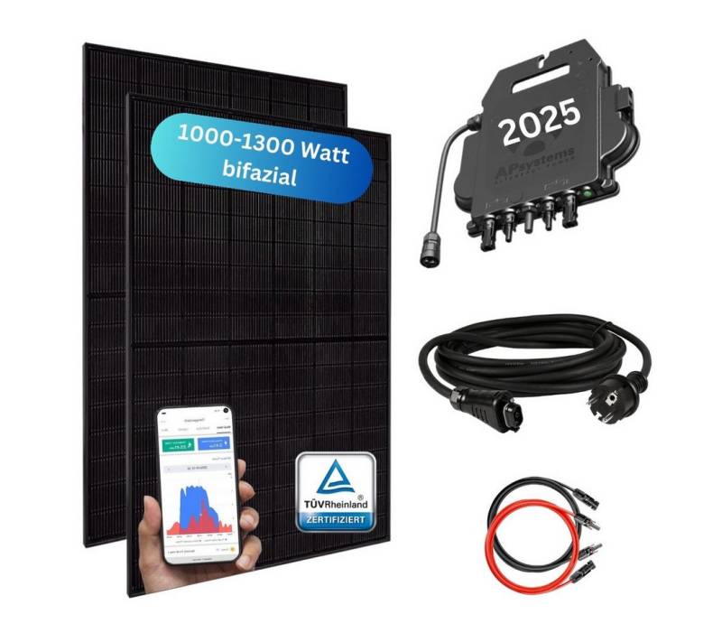 MyVoltaics Balkonkraftwerk MyBasic XXL Balkonkraftwerk 1000+ Watt, 1000 W, bifaziale Module (bis zu +30% mehr Modulleistung), (Set, 3-St., 2 Glas-Glas Solarmodule bifazial Wechselrichter steckerfertig), Genehmigungsfrei, jetzt mit versandkostenfreier Lieferung von MyVoltaics