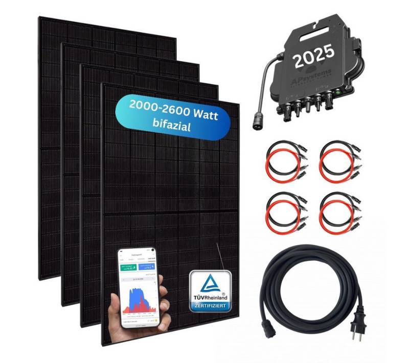 MyVoltaics Balkonkraftwerk MyBasic XXL Balkonkraftwerk 2000+ Watt, 2000 W, bifaziale Module (bis zu +30% mehr Modulleistung), (Set, 5-St., 4 Glas-Glas Solarmodule bifazial Wechselrichter steckerfertig), Genehmigungsfrei, jetzt mit versandkostenfreier Lieferung von MyVoltaics
