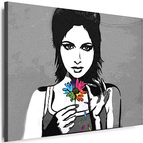 Myartstyle - Bilder Banksy Mädchen mit Blume Graffiti Street Art 120 x 80 cm Leinwandbilder XXL - 1 Teilige Wandbilder Kunstdrucke w-a-2040-221 von Myartstyle