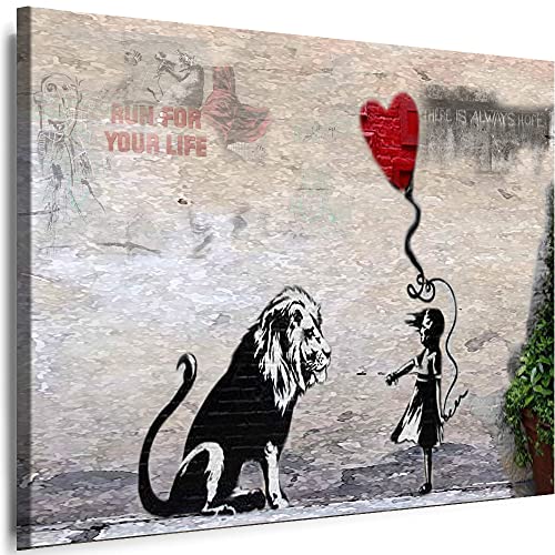 Myartstyle - Bilder Banksy Mädchen mit Löwe Street Art 150 x 100 cm Leinwandbilder XXL - 1 Teilige Wandbilder Kunstdrucke w-aB-2041-12 von Myartstyle