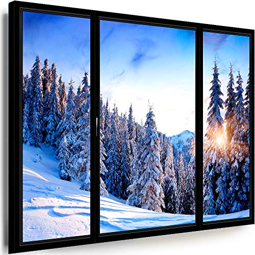 Myartstyle - Bilder Blick Winterwald Fensterblick 80 x 70 cm Leinwandbild XXL - Wandbild 1 Teilig - Gerahmter Kunstdruck Winterlandschaft Fenster w-P-2021-102 von Myartstyle